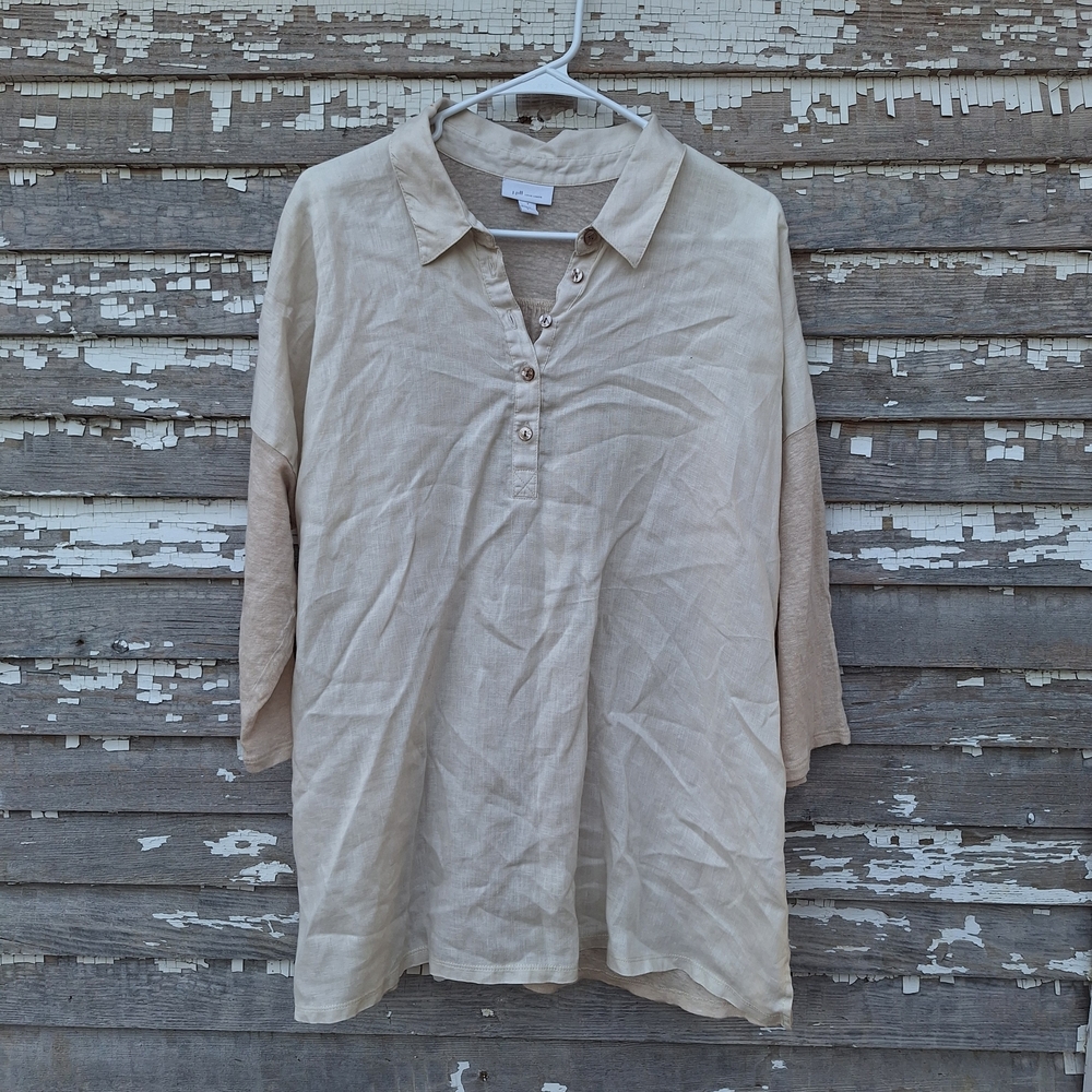 J. Jill Beige Linen Button Henley Blouse Size Large